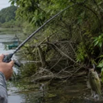 A heavy rod pitches a pegged creature bait into a tight pocket in thick shoreline brush and matted grass.