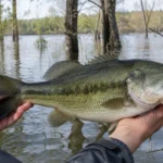 How to catch big bass: a trophy largemouth held horizontally with two hands just above the water near flooded timber