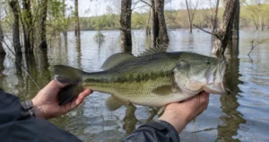 How to catch big bass: a trophy largemouth held horizontally with two hands just above the water near flooded timber