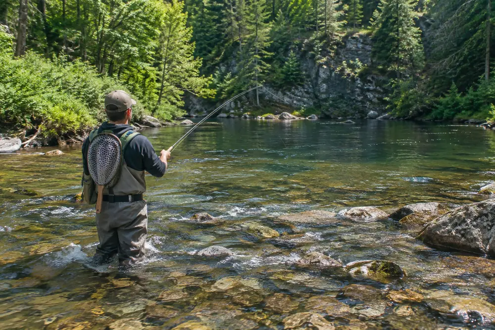 Angler wading a rocky smallmouth river, casting upstream into the head of a deep pool with a light spinning rod