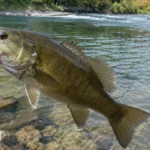 How to catch smallmouth bass: a bronze smallmouth caught on a tube bait, held over a clear rocky river current seam