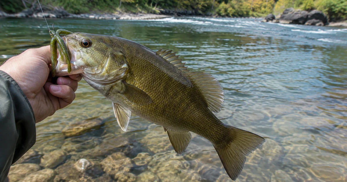 How to catch smallmouth bass: a bronze smallmouth caught on a tube bait, held over a clear rocky river current seam