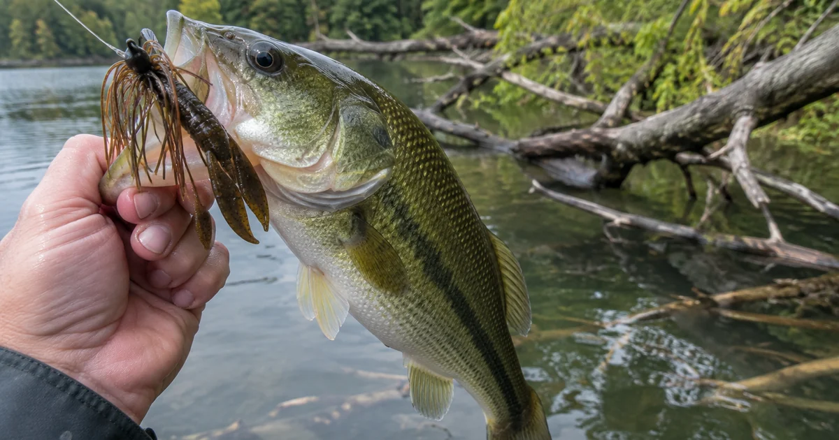 Largemouth bass caught on a brown skirted jig with a craw trailer, held beside a submerged laydown tree