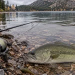 A largemouth bass on wet gravel beside a light spinning rod and a small stand-up jig with a soft plastic.