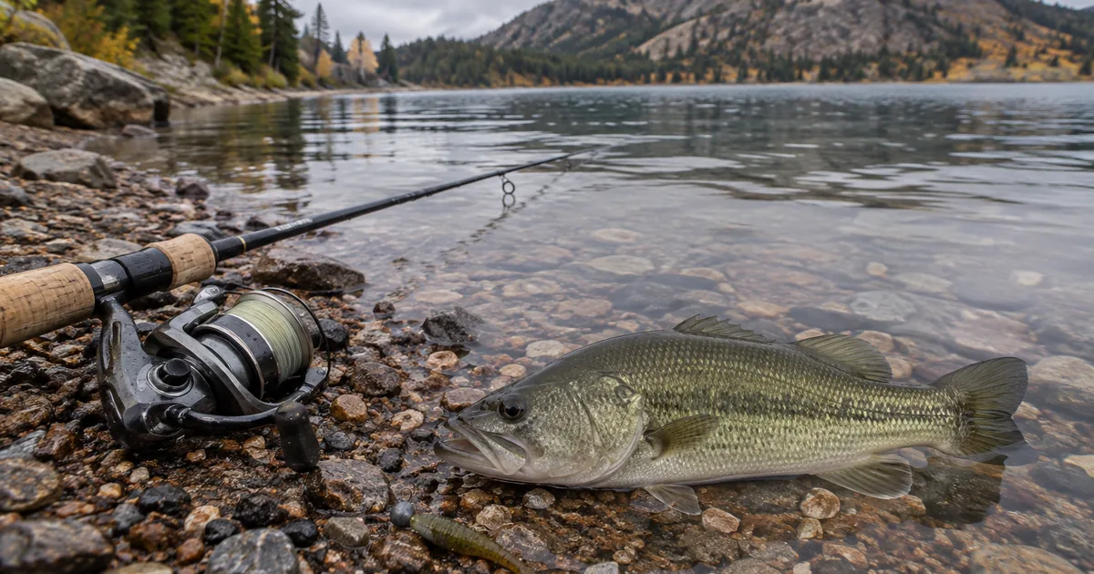 A largemouth bass on wet gravel beside a light spinning rod and a small stand-up jig with a soft plastic.