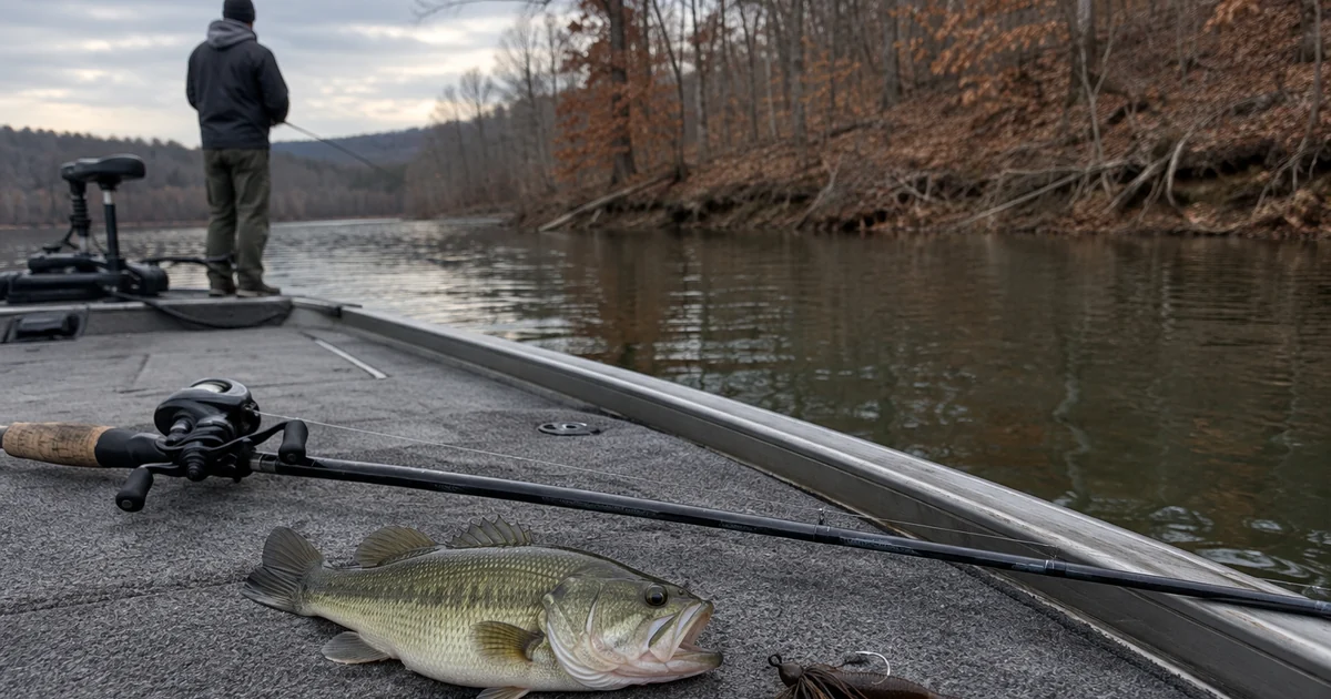 A largemouth bass and a baitcasting rod on a boat deck in a late-fall reservoir creek arm with bare trees.