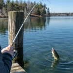 Bass fishing after a cold front: an angler working a finesse rig tight to a dock piling under a bright bluebird sky