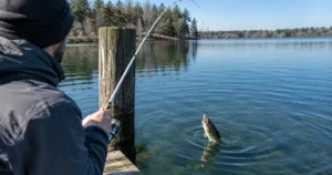 Bass fishing after a cold front: an angler working a finesse rig tight to a dock piling under a bright bluebird sky