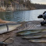 A large hard glide bait and soft paddle-tail swimbaits on dock planks beside a heavy baitcasting reel.