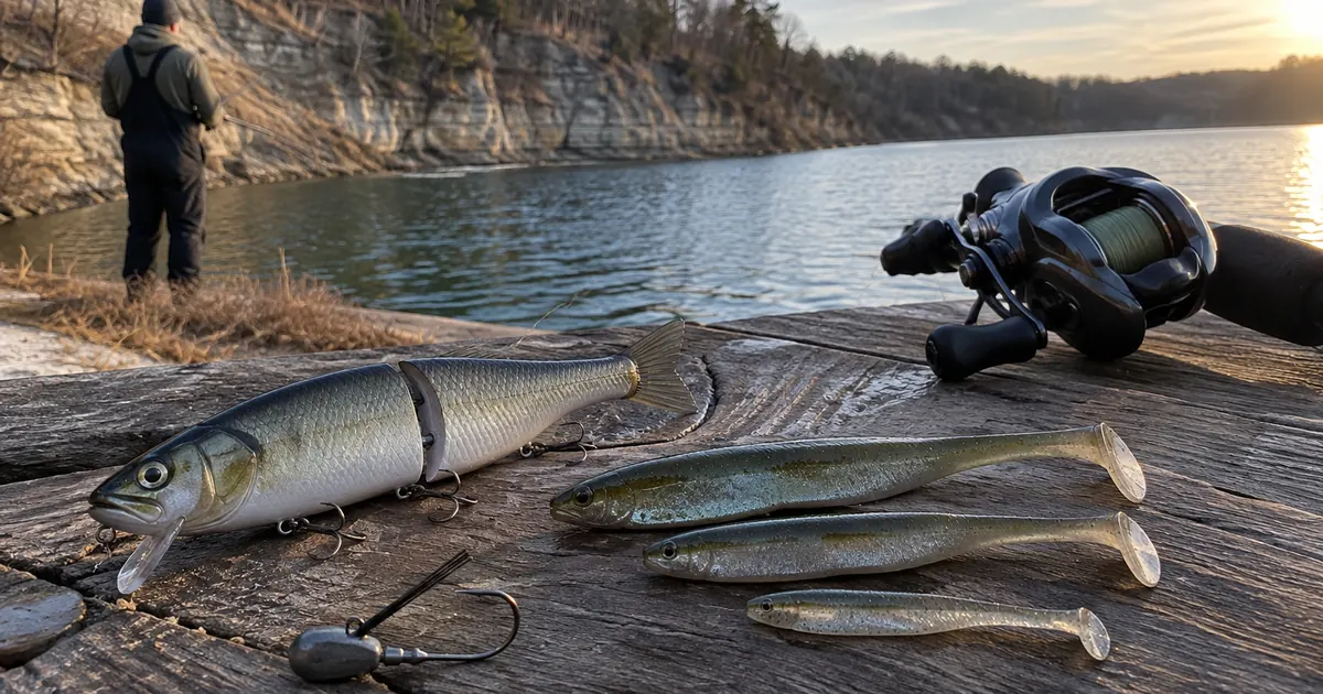 A large hard glide bait and soft paddle-tail swimbaits on dock planks beside a heavy baitcasting reel.