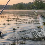 Topwater bass lures at work: a largemouth bass blowing up on a walking topwater bait at dawn on a calm weedy bay