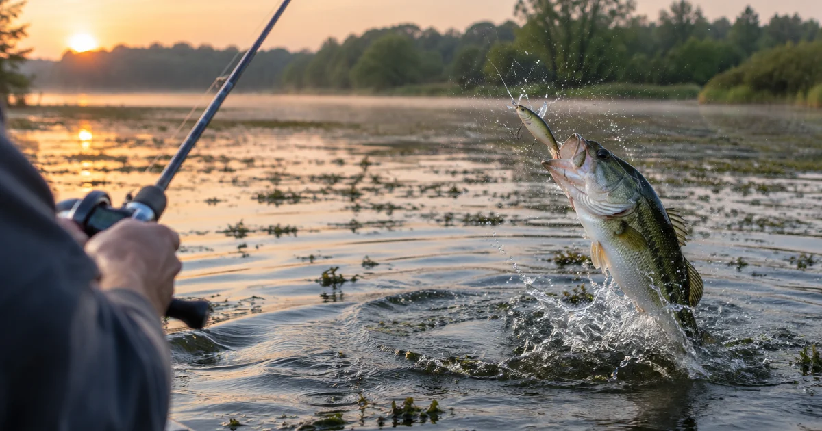 Topwater bass lures at work: a largemouth bass blowing up on a walking topwater bait at dawn on a calm weedy bay