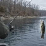 Winter bass fishing from a small boat over deep reservoir water on a cold gray afternoon, bare trees lining the shore