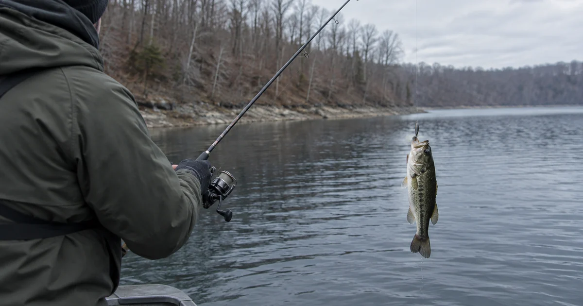 Winter bass fishing from a small boat over deep reservoir water on a cold gray afternoon, bare trees lining the shore