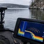 Fish finder screen on a bass boat showing a tight school of fish arches along a deep channel ledge in winter