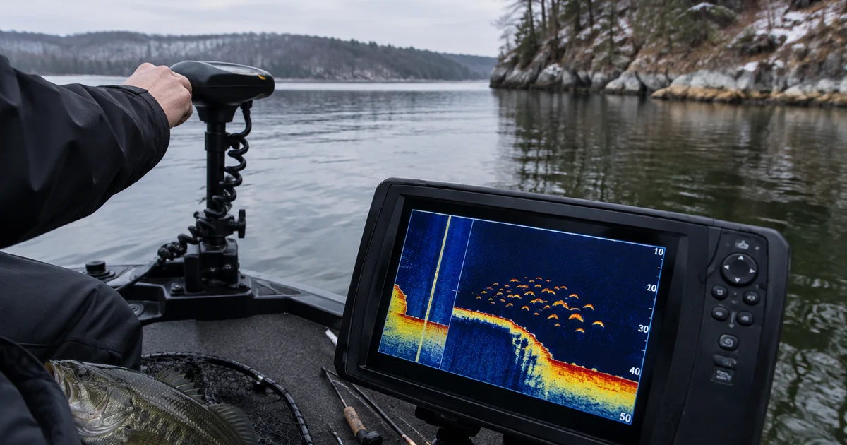 Fish finder screen on a bass boat showing a tight school of fish arches along a deep channel ledge in winter